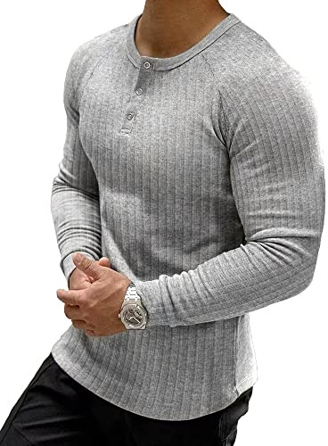 Muscle Cmdr Maglia Uomo Manica Lunga/Corte,Maglia Termica Uomo Manica Lunga,Cotone Camicie Muscolari Slim Fit（Grigio/L）