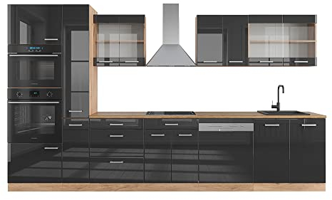 Vicco Küchenzeile R-Line, Anthrazit Hochglanz/Goldkraft Eiche, 350 cm mit Hochschrank, ohne Arbeitsplatte