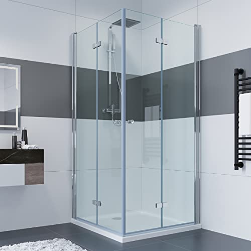 IMPTS Duschkabine 80x80 cm Duschabtrennung Falttür Eckeinstieg Komplettset Dusche MIT Duschwanne & Ablaufgarnitur, 185cm