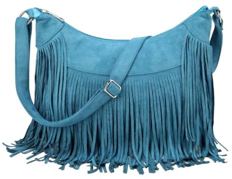 Sunwel Fashion Damen-Hobo-Tasche mit Fransen, Western-Geldbörse, Umhängetasche, veganes Wildleder, Quaste, Hippie-Umhängetasche, Türkis, Blau