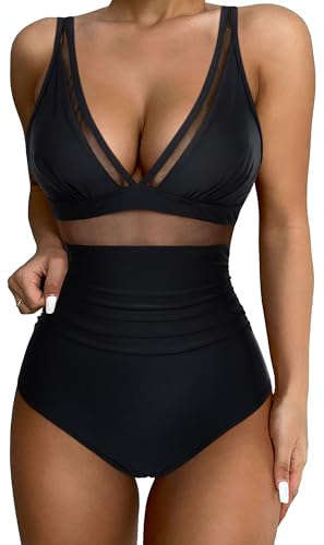 SUUKSESS Women Slimming Tummy Control One Piece Swimsuits Sexy Mesh High Waisted Monokini Bathing Suits (Black, L)
