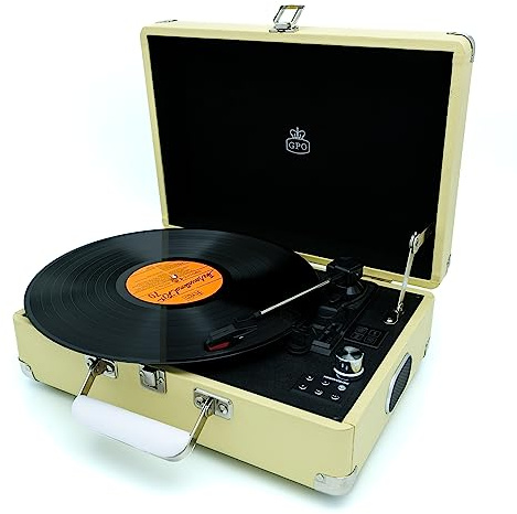 GPO Attache - Giradischi in vinile con altoparlanti integrati, giradischi vintage portatile compatibile con altoparlanti esterni, registrazione diretta USB, limone