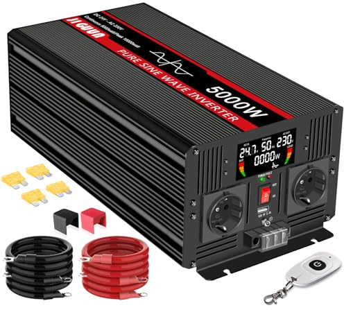 JIGUUN 5000W 10000W Wechselrichter 24V auf 230V Reiner Sinus Spannungswandler mit LCD-Anzeige,AKabellose Fernbedienung,2 EU Steckdosen,1 USB,Geeignet für Wohnmobil,Camper,LKW,Kfz Konverter