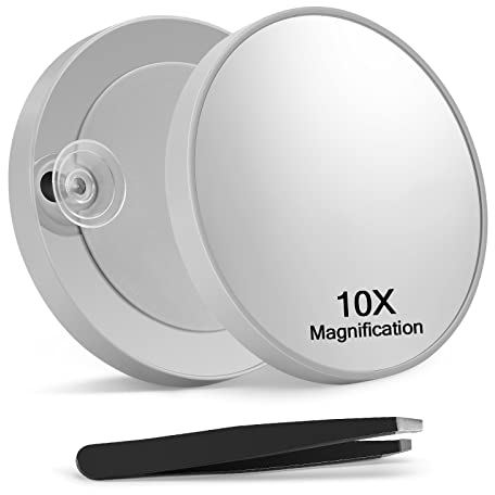 Macaki 10X Vergrößerungsspiegel, 8.8cm Vergrößerung Kosmetikspiegel und Schrägpinzette mit 2 Saugnäpfen, Grau，1 Stück