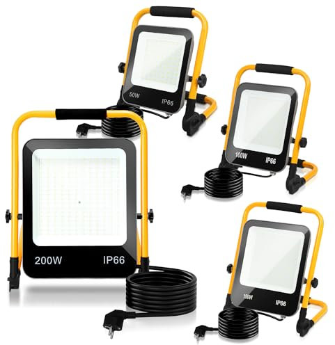Randaco Projecteur de Chantier LED, 4PCS 200W 16000LM Blanc Froid 6000K avec Support Pliable, Éclairage de Chantier avec câble 3M Prise, Étanche IP66 Idéal pour Travaux Intérieurs et Extérieurs