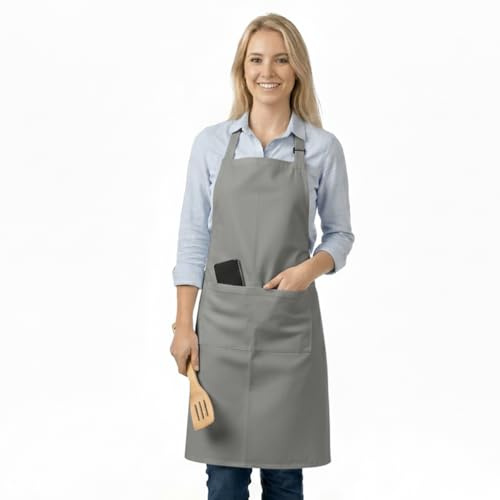 LivinEase Aprons for Women & Men – Adjustable Apron with 2 Pockets, Kitchen Apron for Cooking, Baking, BBQ, Gardening – GREY