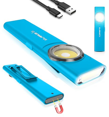 KLARUS USB C Uppladdningsbar COB-arbetslampa, 600 Lumens Mini Flat EDC-ficklampa med magnetisk bas och spänne, Lämplig för underhåll, camping, vandring, nödsituation, etc