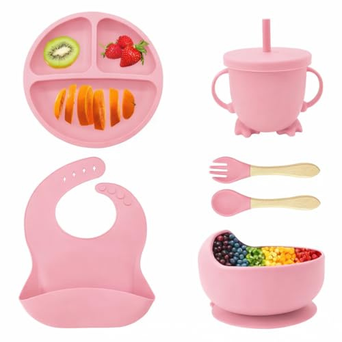 Eliano 6-delat silikonbabyset – halkfri tallrik, skål, mugg med sugrör, gaffel, sked, haklapp – diskmaskinssäker, BPA-fri, mikrovågsugnssäker – för barn från 6 månader