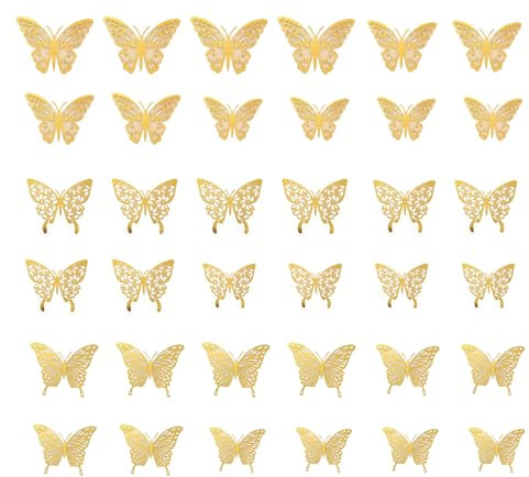 36 Pcs 3D Schmetterlinge Deko Papier Schmetterling Wanddeko Aufkleber für Wohnzimmer Heimdeko Küche Wand Deko Hochzeit Party Geschenke Küche Fenster Möbel (Gold)