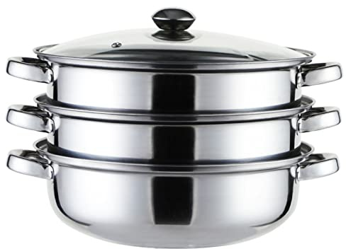 Olla de Vapor de Acero Inoxidable, Olla de Vapor de Alimentos de 3 Niveles con Tapa y Asas, Olla de Sopa de Cocina de Inducción para Cocinar Verduras, Sopas de Mariscos