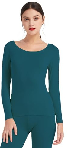 Mcilia Women's Ultrathin Modal Thermal Baselayer Top Scoop Neck Long Sleeve Undershirt Peacock Blue Large (UK Size 16 18)