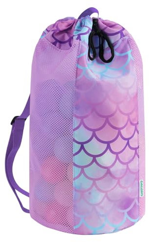 WAWSAM Sirène Sac en Maille pour Enfants Sac à Dos de Plage avec Cordon de Serrage Sac de Sport Grand Gym Sac à Dos à Cordon Sacs à Cordons Réglable Sac de Plage en Filet pour Jouets