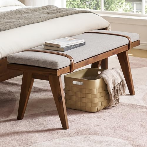 mopio Ted Mid-Century Modern End of Bed Wood Bench, Entryway Shoe Bench with Removable Fabric Cushion for Bedroom, Indoor Dining Room, Hallway, Supported with Acacia Solid Wood Legs Extra Sturdy