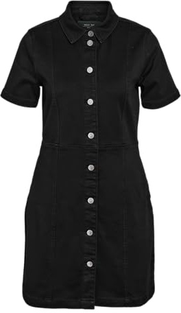 Noisy May Womens Denim Dress with Button Placket and Collar Short Sleeve Knee-Length, Colours:Black, Size:L