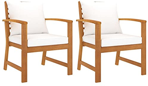 Emmtore 2X Madera Maciza de Acacia Sillas de Jardín con Cojín Sillón Exterior Terraza Balcón Asiento Butaca Muebles Mobiliario Duradera Robusta Crema