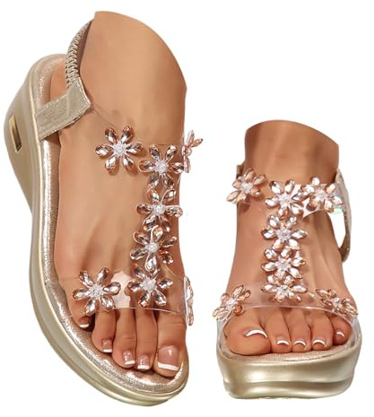 Baskets pour femme avec talon compensé bande élastique, décontractées, bout ouvert, confortables, chaussures de plage, sandales compensées d'été, or, 39 EU