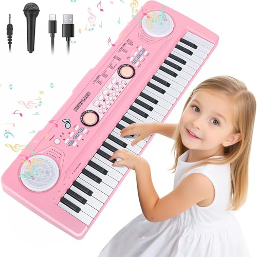 Clavier de Piano Enfants Jouet 49 Touches Rose Électronique Clavier pour Enfants avec Microphone, Jouet Musical pour Garçons et Filles de 3 4 5 6 7 Ans Cadeau