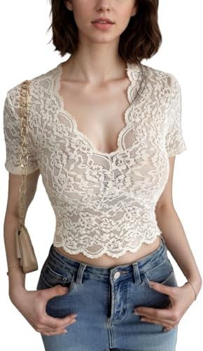 EMOTTOS Top Y2K Mujer, Tops Cortos de Encaje semitransparentes, Sexy, Manga Corta, Cuello en V, Corte Ajustado, Tejido elástico Ligero Transparente, Camiseta Informal Verano, Blanco, Tallas S