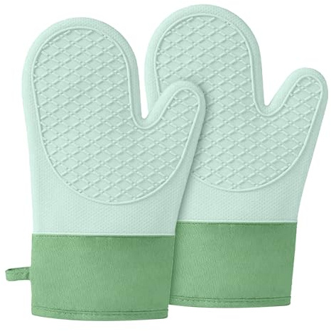 Silicone Oven Mitts，Heat Resistant up to 500°F, Oven Gloves with Soft Lining, Non-Slip Kitchen Essentials, Kitchen Gadgets, Apartment Essentials, Great Gift for Cooking (green-1pair)