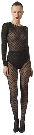 Wolford Velvet Net Illusion String Body For Women Long Sleeve Geometric Bodysuit With 3D Effect Sheer Panels And Round Neckline black/black Black Small