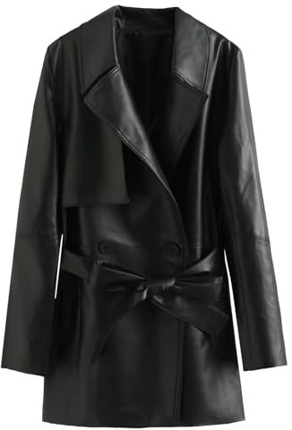 Giacca blazer in similpelle da donna con cintura e revers, cappotto casual in similpelle vegana per primavera autunno, nero, taglia L