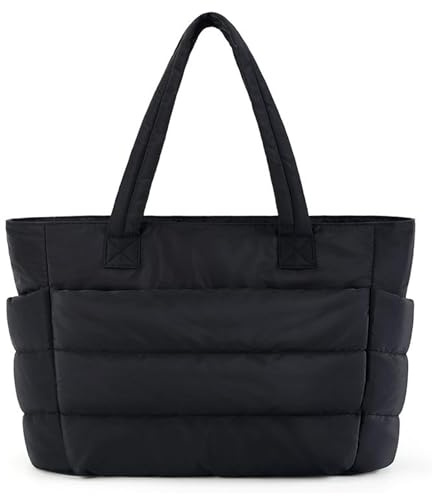 DAVBNM Women's Tote Bag with Zipper, Soft Lightweight Puffy Tote Bag with Compartments, Quilted Shoulder-Bag Handbag, Puffer Handbag with Laptop Compartment, for Travel, Beach, Gym, Work, School