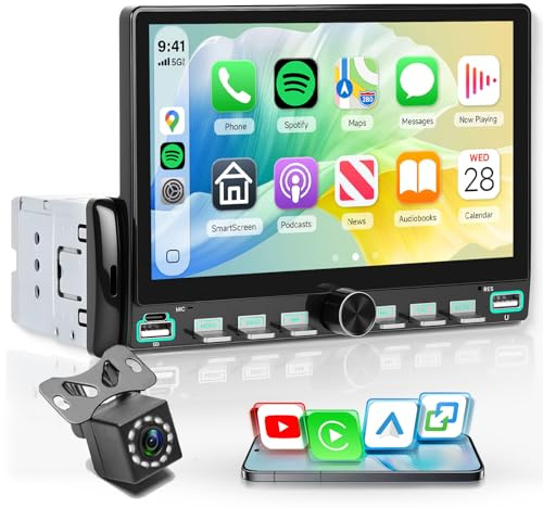 Rimoody 1 DIN bilradio med trådlös CarPlay, Android Auto, YouTube, iOS/Android MirrorLink, Bluetooth, 5,2-tums pekskärmsradio med FM-radio, USB/EQ/AUX, rattkontroller och backkamera.
