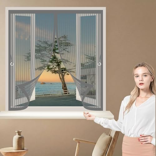Moustiquaire Fenêtre 116 x 120 cm Anti Mouche Maille Ultra Fine, Protection Contre Les Moustiques, Fermeture Automatique Rideau Anti Moustique pour Tous Types de Fenêtres, Gris