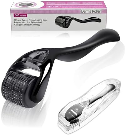 DAFNE 1Pcs Derma Roller 0.5mm Para La barba y el cabello crecen, 540 agujas de titanio, Profesiona Microneedling Roller para hombres y mujeres, Negro mate barba Roller, Microneedle Roller