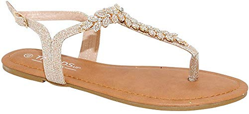 TRENDSUP COLLECTION Womens T-Strap Buckle Flats Sandals (8, Champagne Glitter)