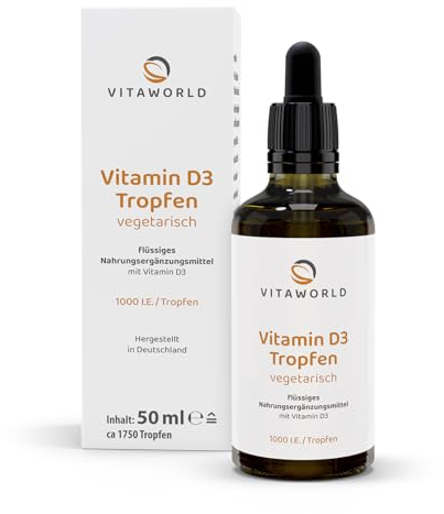 vitaworld Vitamin D3 Tropfen 1.000 I.E. 50 ml Lanolin vegetarisch, 100% natürliches Vitamin D aus Lanolin, Hohe Bioverfügbarkeit durch Ölbasis