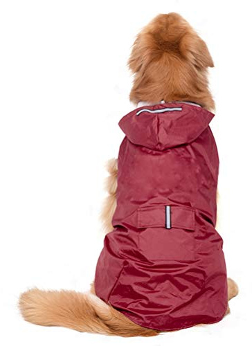 POPETPOP Impermeabile con Cappuccio per Cani di Taglia Media e, Poncho Riflettente, con Foro per Imbracatura, Tasche, Giacca Antipioggia (Rosso, 3XL)