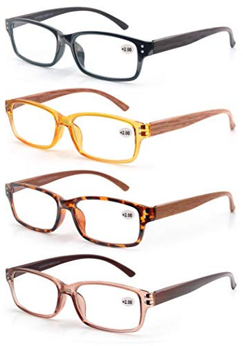 MODFANS Lot de 4 Lunettes Loupes de Lecture 1.0 Branches Effet Bois, Style Classique Vintage, Lunettes de Vue pour Hommes et Femmes