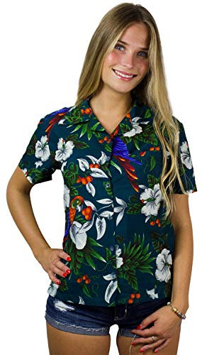 King Kameha Funky-Bluse-Camicie-Hawaiana, Manica-Corta, Cherry-Parrot, Verde-Petrolio, XL