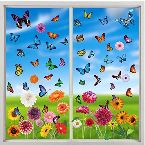 BBLIKE Fensterbilder Frühling 9 Blätter Fenstersticker Frühling Ostern Selbstklebend Schmetterling Blumen Vogel Baum Fensteraufkleber Wiederverwendbare für Fensterdeko Kinderzimmer Party Zubehör