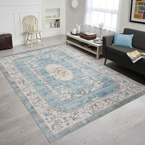 Taleta Teppich Wohnzimmer, Orientteppich Vintage, Blumenteppich, Teppich für Schlafzimmer, Büro, Esszimmer, Küchen, blau 160 x 230 cm