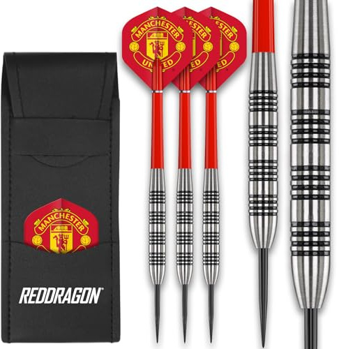 FOCO Officially Licensed Manchester United FC Flights with 80% Tungsten 24g Red Dragon Darts set - including Dart Shafts & Dart Bar Wallet - Professional Darts Accessories