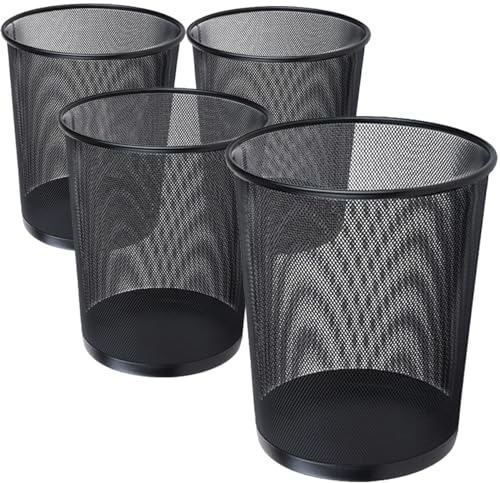 LOSYHU 4 Pack Mesh Waste Paper Bin 12 Litres Metal Mesh Office Trash Can Black Round Waste Basket Metal Trash Rubbish Bin for Bathroom, Bedroom, Office, Kitchen