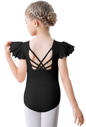 Aiseyi Ballettkleidung Mädchen Ballett Trikot Kinder Rüsche Kurzarm Turnanzug Baumwolle TanzBody Ballettanzug mit Kreuzrücken Schwarz 130