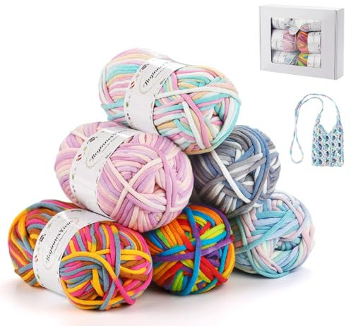 ilauke 6 Stück Mehrfarbige Garn, Häkel und Strickgarn für Anfänger, gut Sichtbare Maschen, Grobes, Dickes Baumwoll-Nylon-Mischgarn, Garn Zum Häkeln mit Häkelzubehör (6 X 50 g)
