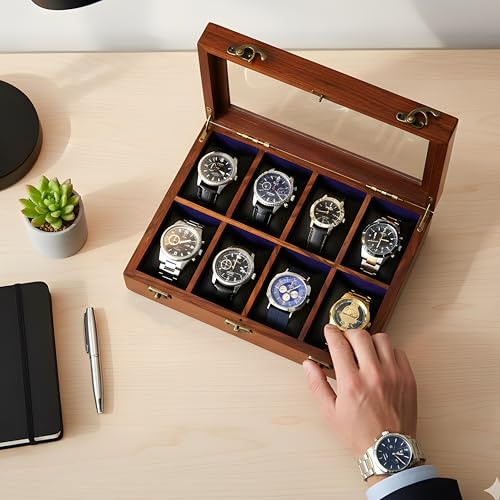 Union Artition Arts klockbox organiserare för män och kvinnor, trä klocklåda, klocklåda för män, 8 spår, klockbox med bygg med massivt indiskt rosenträ, organiseringslåda visningsfodral 8 spår (brun)