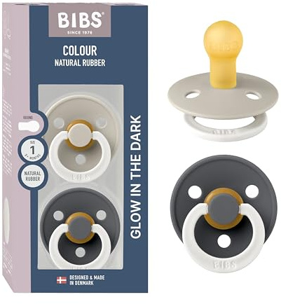 BIBS Colour Night Glow in the Dark Soother 2-Pack, BPA Free Dummy Pacifier, Round Nipple. Natural Rubber Latex, Made in Denmark, Size 1 (0-6 Months), Sand Glow/Iron Glow