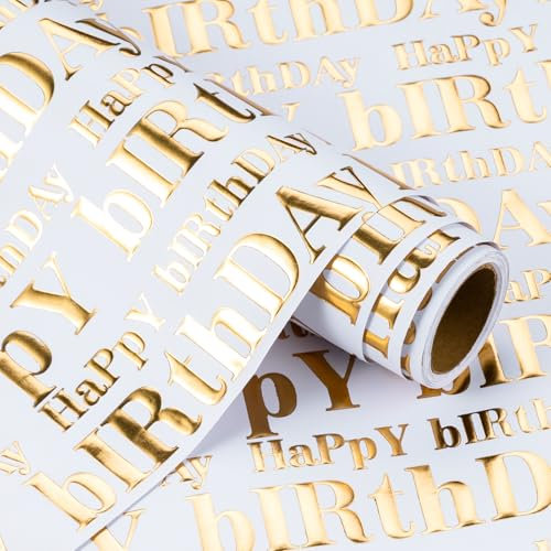 WRAPAHOLIC 3D-Geschenkpapierrolle aus Kraftpapier – Mini-Rolle – 43,2 cm x 5,2 m – Gold und Weiß Happy Birthday-Schriftzug mit Prägung perfekt für Urlaub, Party Feier