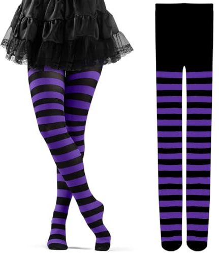 Cadimus Medias de Rayas,Leotardos Rayas Mujer,Medias Carnaval Mujer,Medias Opacas,Adecuado para Halloween, Carnaval, Fiestas temáticas de Disfraces - Negro y Violeta