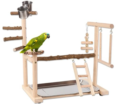 Honicemar Vogel Spielständer – Holz papageienständer, Vogel Spielplatz mit Leiter, Schaukel, Feeder-Cup, Tablett und Kauspielzeug Haustier Übungsspiel Gym Ständer für Kleine bis Mittelgroße Vögel