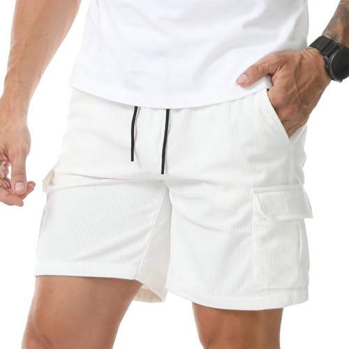 Suwangi Pantalons Courts pour Homme en Velours Cargo Bermuda avec Poches | Décontracté,Taille Élastique,Été