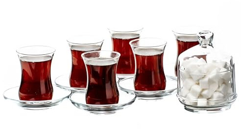 Service à Thé Turc Traditionnel à Motifs de 13 Pièces Comprenant; 6 Verres, Tasses à Thé (115 ml/4 oz), 6 Soucoupes et un Sucrier avec Couvercle en Verre (260 ml/8,7 oz)