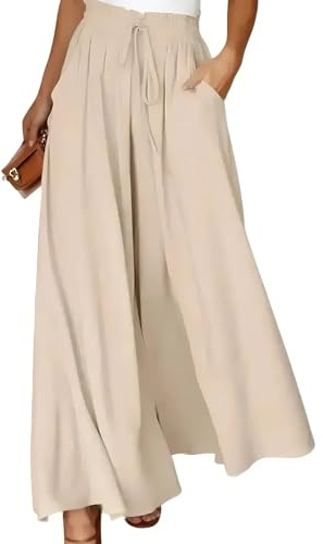 Spesh Pantaloni estivi da donna, comodi, in tessuto, con vita alta, leggeri, con gamba larga, eleganti, pantaloni da spiaggia, pantaloni larghi da donna per ufficio/tempo libero/vacanza al mare, beige