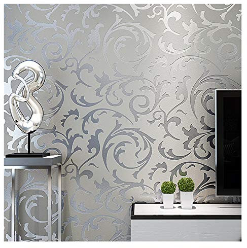 Papel pintado autoadhesivo, papel pintado gris 3D con relieve de damasco, rollo de papel pintado for decoración del hogar, sala de estar, dormitorio, papel pintado de lujo con motivos florales platead