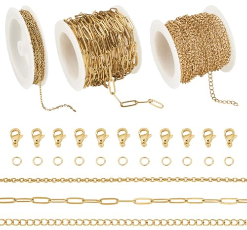 Boutigem 3 rotoli da 12 m di catena in acciaio inox dorato, kit per la creazione di braccialetti e collane, catena a maglia barbazzale ovale in metallo, per la creazione di gioielli fai da te